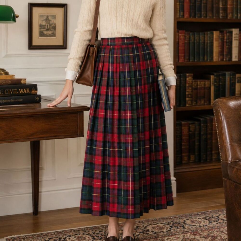 Vintage 80s Tartan Plaid Midi Skirt Pleated Heritage Preppy Academia Size 8